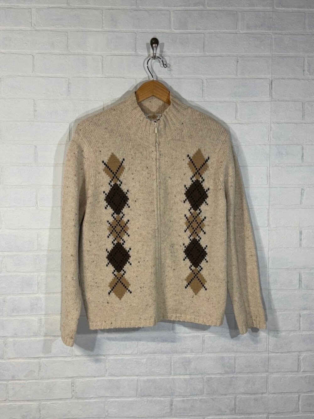 Talbots 100% Lambswool Mockneck Zippered Argyle Cardigan